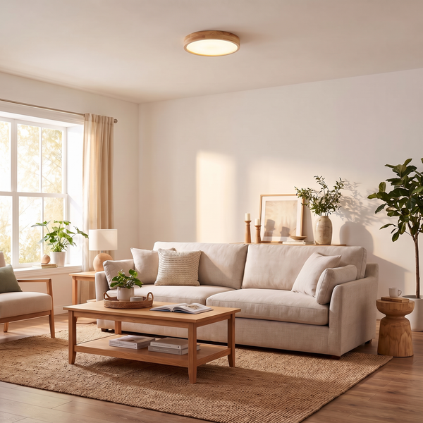 Halen 11.8-inch natural rubberwood flush ceiling light shown at realistic scale over a living room sofa