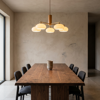 Persa chandelier lit over a walnut dining table