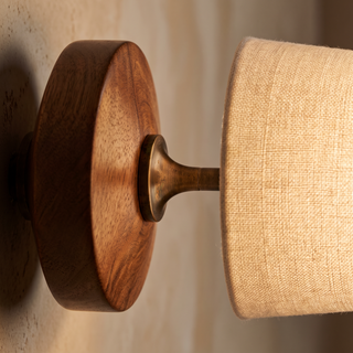 Nikau walnut brass and fabric shade detail