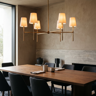 Torcia chandelier lit over a walnut dining table