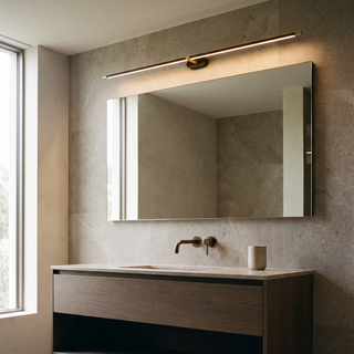 Lumen Bar lit above a vanity mirror in a stone bathroom