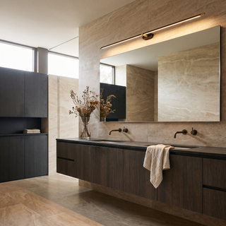 Lumen Bar in a wider warm stone bathroom