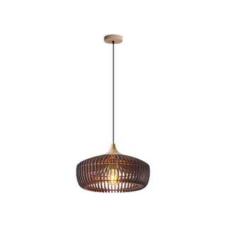Muto wood slat pendant light in Walnut finish on white background