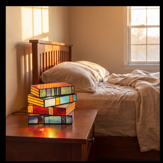 Colorful stacked-book lamp in a styled interior, scene 1