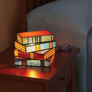 Colorful stacked-book acrylic lamp, source photograph