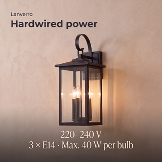 Lanverro hardwired power: 220–240 V, three E14 bulbs, maximum 40 W per bulb
