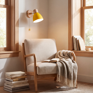 Yellow pull-chain sconce in styled interior scene 1