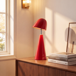 Red cone-shade table lamp in a room, scene 1